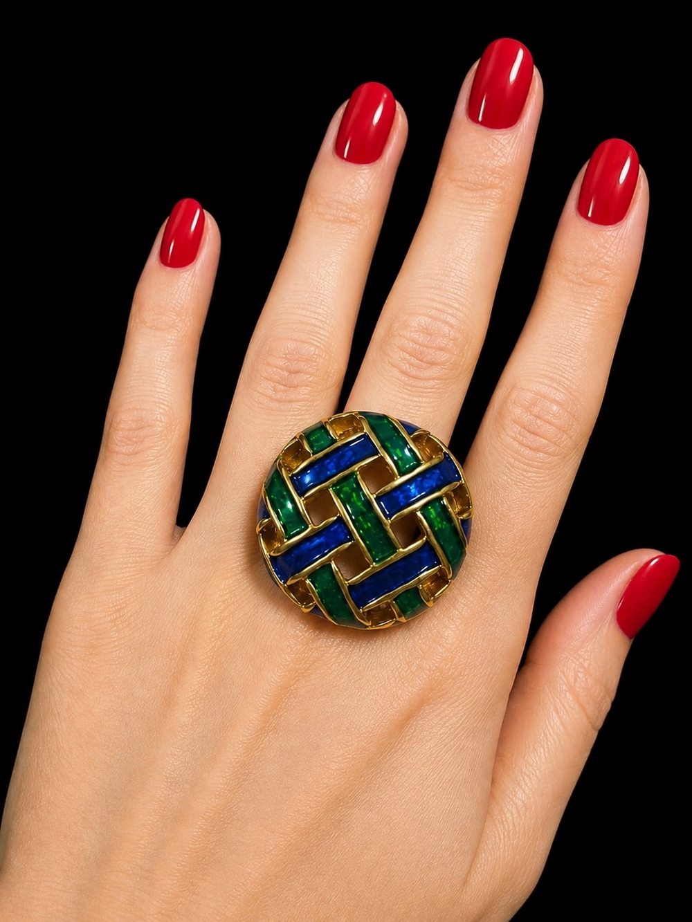 Vintage 1980s Oversized Blue Green Enamel Basket Weave Adjustable Statement Ring